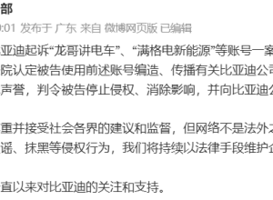 又一账号诋毁比亚迪被判赔偿200万元