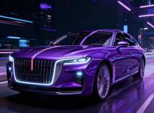 深紫色的红旗行驶在赛博朋克的城市中