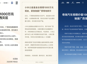 比亚迪、奇瑞、小米各捐赠1000万元